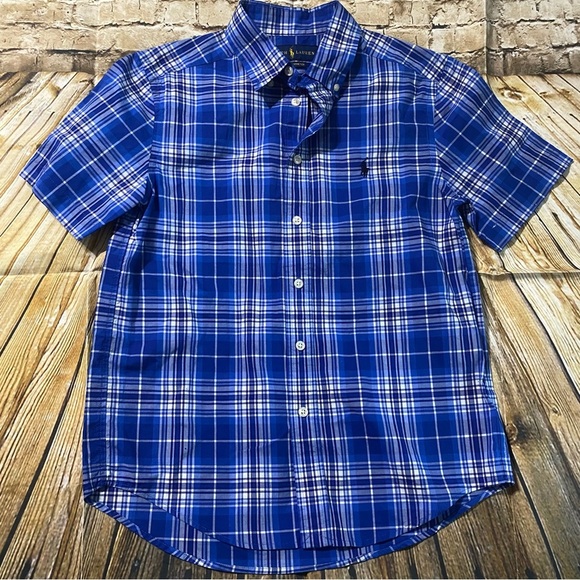 Ralph Lauren Blue White Plaid Cotton Natural Stretch Button Up - Picture 1 of 5
